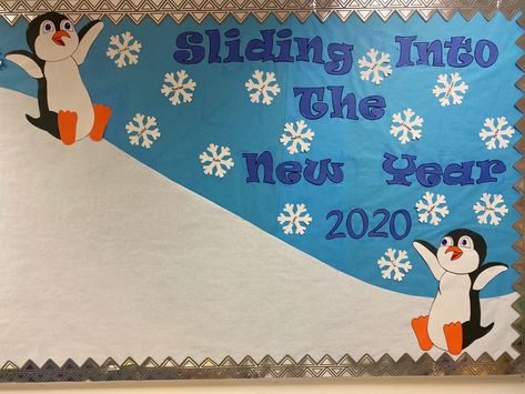 January/ new year bulletin board Penguins Bulletin Board, Sliding Into A New Year Bulletin Board, Winter Cafeteria Bulletin Boards, Sliding Into The New Year Bulletin Board, Toast To A New Year Bulletin Board, New Year Display Boards, January Bulletin Board Ideas Middle School, Snow Flake Bulletin Board Ideas, January Bulliten Board