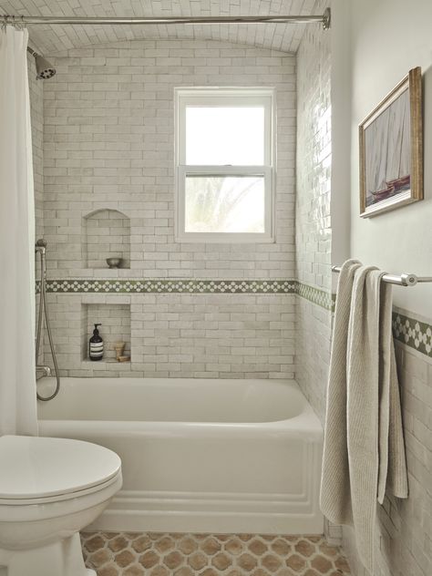 Spanish Revival — Backup Design Small Bathroom Remodel Spanish Style, Bathtub With Big Tiles, Vintage Bathtub Shower Combo, Tile Chair Rail Bathroom, Curved Wall Bathroom, French Country Bathroom Tile, Bathtub With Tile, Tile With Border, Tile Wall Bathroom