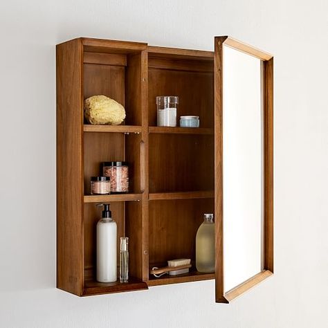 Wood Medicine Cabinets, Bathroom Mirror Storage, Entryway Cabinet, Mid Century Bathroom, Open Cabinets, Medicine Cabinets, Bathroom Mirror Cabinet, Storage Mirror, Medicine Cabinet Mirror