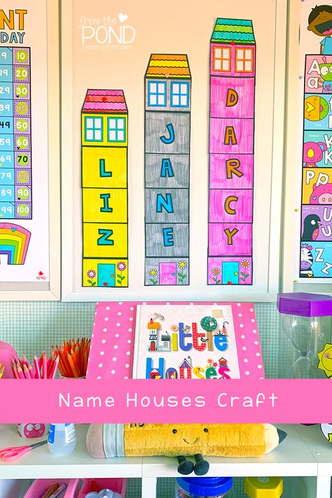 Students make a house that displays thei rname with this new printable in our Name Crafts collection. Team it with a book about houses or homes for a rich literacy and creative experience. Available in our store, see our growing range of name crafts on the wbsite page. Around The House Preschool Activities, Preschool Buildings Theme, My Neighborhood Crafts Preschool, Building Unit For Preschoolers, Building Bulletin Board Ideas Preschool, Homes Activities Preschool, Buildings Prek Activities, Preschool Neighborhood Theme Activities, Books About Buildings For Preschool