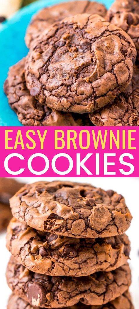 These Brownie Cookies are made from an adapted brownie box mix and are loaded with chocolate chips! They have a crisp outer edge and chewy fudge center just like a classic brownie! #BROWNIES #COOKIES #DESSERTRECIPE Easy Brownie Cookies, Chewy Fudge, Brownies Caramel, Brownie Mix Cookies, Easy Brownie, Fall Goodies, Future Chef, Chocolate Brownie Cookies, Brownies Cookies