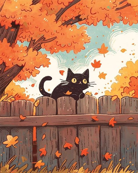 Cute October Drawings, Fall Cat Pictures, Studio Ghibli Autumn Aesthetic, Fall Black Cat Wallpaper, Autumn Background Drawing, Autumn Cat Drawing, Autumn Cat Illustration, Illustration Art Autumn, Autumn Cartoon Aesthetic