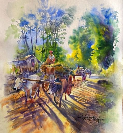 Bullock Cart Drawing, Indian Watercolor Paintings, Watercolour Composition, Landscape Watercolor Paintings, Tamil Culture, Watercolour Landscape Painting, Bullock Cart, Watercolor Indian, Aristotle Quotes