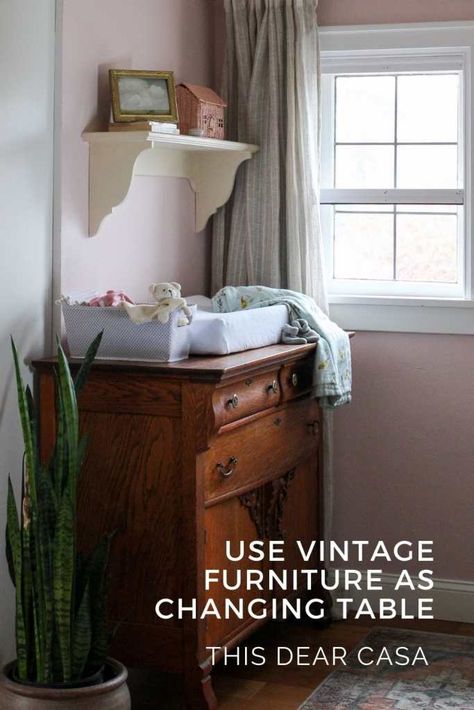 Antique Dresser For Nursery, Old Changing Table Ideas Repurposing, Nursery Dressers Changing Table, Vintage Dresser As Changing Table, Old English Nursery, Vintage Changing Table, Changing Table Makeover, Changing Table Repurpose, Changing Table Ideas