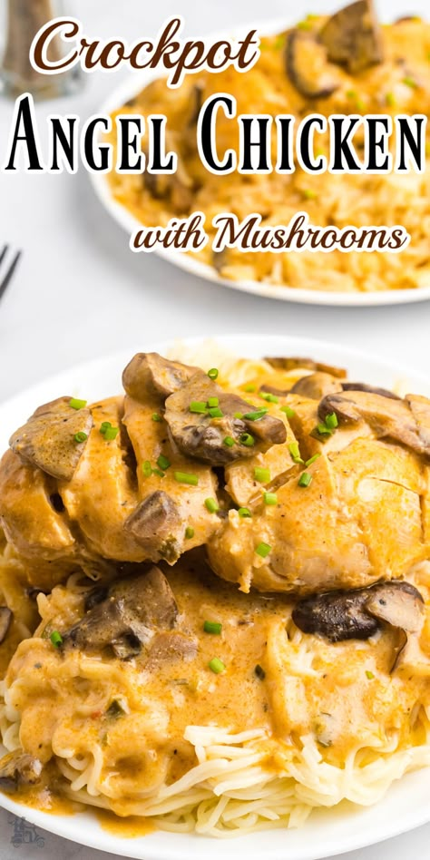 This Crockpot Angel Chicken with Mushrooms is the perfect dish for a busy weeknight! The chicken is tender and buttery and the mushroom sauce is packed with flavor. Another plus is that it takes only a few minutes to prep and is perfect for a weeknight dinner. I guarantee your family will love it! Golden Chicken Pasta Crockpot, Angel Chicken Crockpot Golden Mushroom, Chicken Golden Mushroom Soup Recipe, Crockpot Chicken And Mushrooms Recipes, Golden Mushroom Soup Recipes Chicken, Crockpot Chicken Recipes With Mushrooms, Crockpot Mushroom Chicken Recipes, Chicken With Mushroom Soup Recipes, Crockpot Chicken And Mushroom Soup