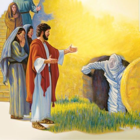 Jesus raises Lazarus from the dead. Jesus Raises Lazarus, Christ Painting, Bible Artwork, Jesus Christ Painting, Mary Pictures, Sunday School Crafts For Kids, Jesus And Mary Pictures, Jesus Christ Art, Jesus And Mary