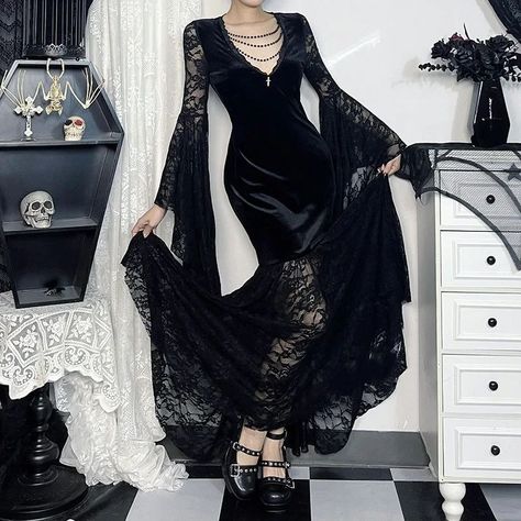 WANT or NEED? 🖤 🌹 Get this Gothic Vampire Lace Bell Sleeves Deep Neckline Long Dress 🦇 FREE SHIPPING Worldwide 🦇 . . . #gothclothes #altgoth #alternativelook #goth #gothic #gothgirl #alternativestyles #gothootd #fashionideas #gothaesthetic #gothfashion #darkfashion #gothlife #gothvibes #ootd #altfashion #gothbabe #gothmodel #gothstyle #black #metal #metalgirl #gothicstyle #metalheadgirl #outfitinspo #gothicfashion #outfitinspiration #metalchick #y2kfashion #gothicgirl Fairy Grunge Dress, Clean Goth, Gothic Lace, Gothic Vampire, Halloween Gothic, Grunge Dress, Vintage Fairy, Vintage Fairies, High Waist Dress