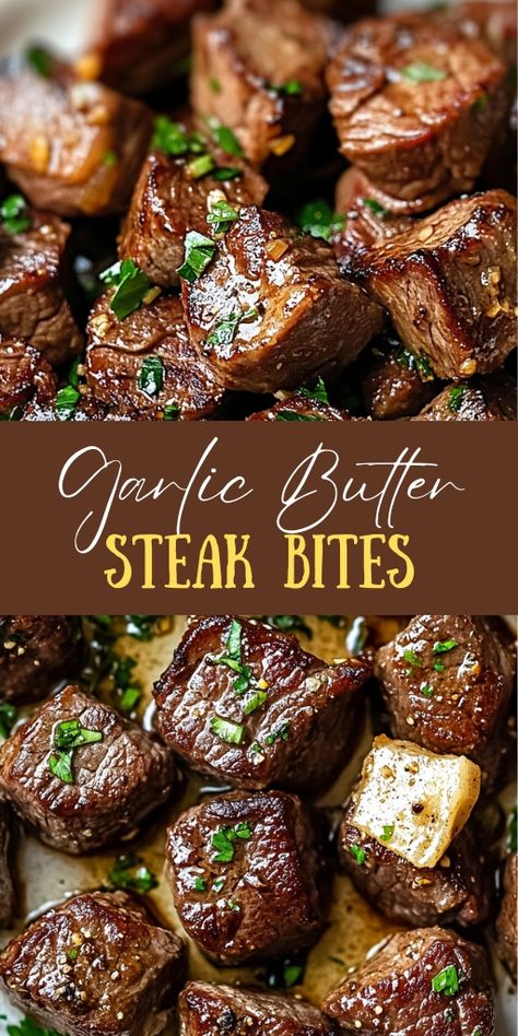 Garlic Butter Steak Bites  Ingredients:  1 lb sirloin steak, cut into 1-inch cubes 2 tablespoons olive oil 4 tablespoons unsalted butter 5 cloves garlic, minced 1 tablespoon fresh rosemary, chopped 1 tablespoon fresh thyme, chopped Salt and pepper to taste Fresh parsley, chopped (for garnish)  #Garlic #Butter #Steak #Bites Savory Steak Recipes, Cubed Sirloin Steak Recipes, Tri Tip Steak Recipes Stove Top, Parmesan Garlic Steak Bites, Recipes With Steak Bites, Steak Bites With Gnocchi, Sirloin Steak Recipes Stovetop, Steak Bites Appetizers Parties, Ribeye Steak Bites Recipe