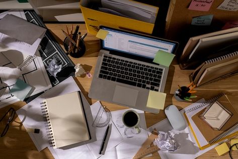 Free photo view of office desk with mess... | Free Photo #Freepik #freephoto #messy-desk #messy-office #clutter #laptop-desk Messy Office Desk, Uni Desk, Cluttered Office, Messy Workspace, Poster Moodboard, Messy Office, Desk Top View, Film Moodboard, Messy Table