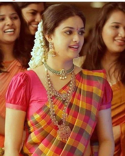 @keerthysureshofficial | Instagram Cotton Blouse Design, Silk Saree Blouse Designs, Ladies Blouse Designs, Simple Blouse Designs, Blouse Designs Silk, Elegant Blouse Designs, Unique Blouse Designs, Indian Woman, Designer Saree Blouse Patterns