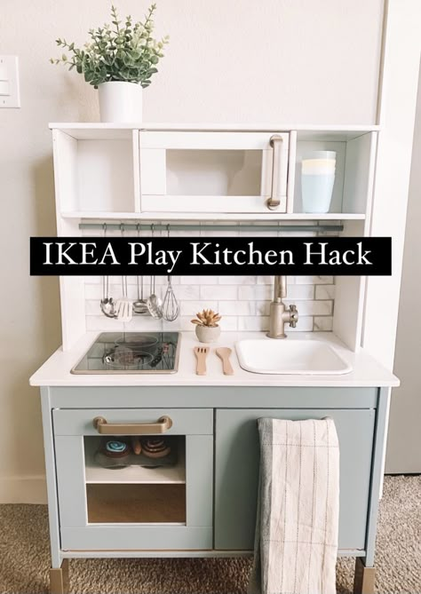 Ikea Play Kitchen With Fridge, Ikea Play Kitchen Remodel, Ikea Play Kitchen Diy Makeover, Diy Ikea Toy Kitchen, Ikea Baby Kitchen, Toddler Ikea Kitchen, Diy Toy Kitchen Makeover, Green Play Kitchen, Ikea Play Kitchen Backsplash