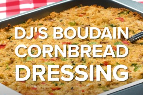 Boudain Cornbread Dressing Dj's Boudain Dressing, Boudin Dressing Recipe, Recipes With Boudin, Boudin Casserole Recipe, Boudin Casserole, Seafood Cornbread Dressing Louisiana, Cajun Dressing Thanksgiving, Seafood Dressing Louisiana, Cajun Dressing Recipe