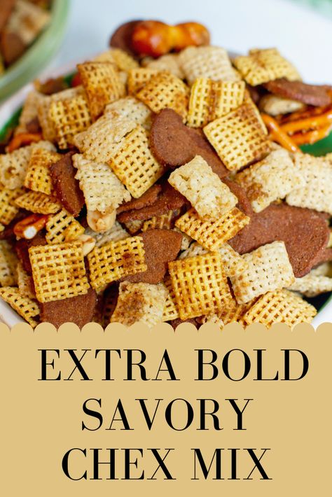 EXTRA-BOLD SAVORY CHEX MIX Bold Chex Mix Recipe, Savory Chex Mix Recipes, Savory Chex, Savory Chex Mix, Chex Mix Original, Chex Mix Recipes Original, Original Chex, Party Mix Recipe, Puppy Chow Chex Mix Recipe