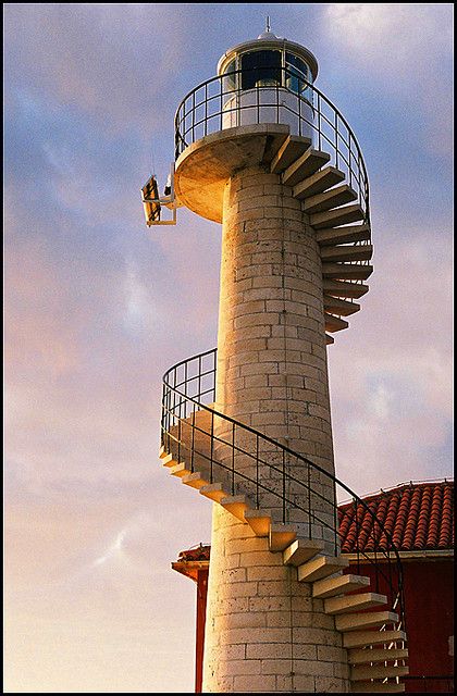 Lighthouse Puntamika - photo by Vjekoslav Bobić (Mediterraneo), via Flickr;  at Zadar, Dalmatia, Croatia Lighthouse Lighting, Lighthouse Photos, Lighthouse Pictures, Beautiful Lighthouse, Chateau France, Beacon Of Light, Zadar, Spiral Staircase, Light House