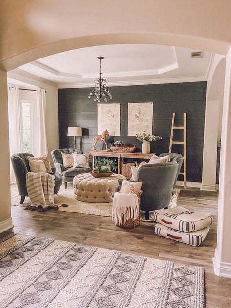 Dark Contrast Wall Sitting Room Refresh - Life by Leanna #ironore #darkwall #modernfarmhouse #farmhousestyle #shiplap #featurewall #sittingroom #homedecor #cozy Farmhouse Sitting Room, Sitting Room Ideas Cozy, Wall Sitting, Sitting Room Ideas, Sitting Room Design, Living Tv, Sala Grande, Front Rooms, Home Office Inspiration