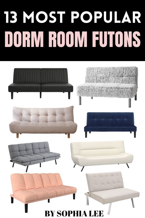 Futon College Dorm, Dorm Room Sectional, Dorm Room Futon Under Bed, Futon Dorm Room, Dorm Room Ideas With Futon, Cute Futon Ideas Bedrooms, Futon Spare Bedroom Ideas, Dorm Futon Ideas, Dorm Chair Ideas