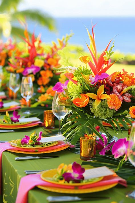 Wedding Theme Tropical, Carribean Decorations Party, Tropical Decorations Party, Tropical Wedding Decor Reception Ideas, Luau Wedding Ideas, Tropical Wedding Theme Decor, Tropical Centerpiece Ideas, Cuban Wedding Theme, Wedding Decorations Tropical