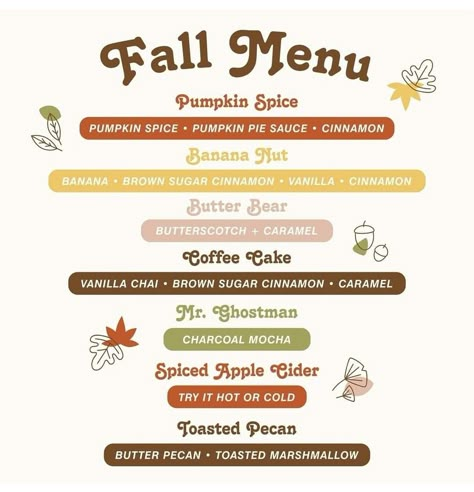 Fall Themed Coffee Drinks, Fall Coffee Menu Ideas, November Coffee Specials, Herbalife Coffee, Autumn Coffee Shop, Coffee Specials, Underground Cafe, Homemade Coffee Syrup, Fall Coffee Drinks