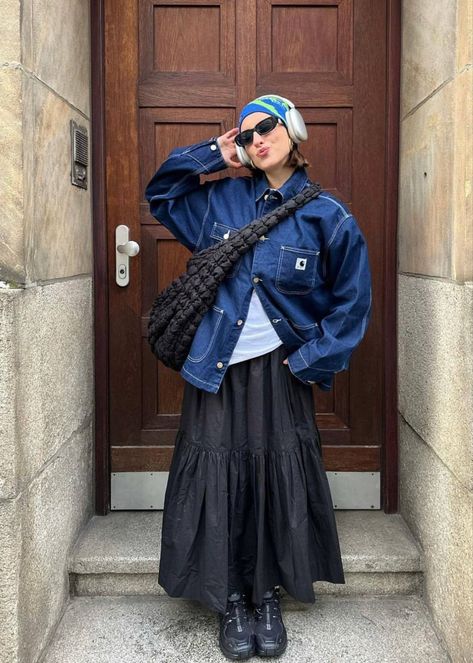 Tokyo Street Style Winter 2024, Slip Dress Over Jeans, Long Skirt Cold Weather Outfit, K Drama Fashion Women, Feminine Baggy Outfit, Autismcore Aesthetic Outfits, Japanese Denim Outfit, Clean Outfits For Women, Mascfem Outfit