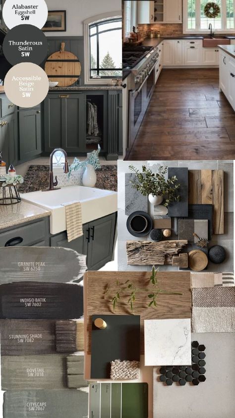 earthy dark color scheme Industrial Farmhouse Color Scheme, Neutral And Black Color Palette, Charcoal Grey Palette, Woodsy Color Scheme, Entire Home Color Palette, Dark Earthy Aesthetic Home, Sw Ripe Olive Coordinating Colors, Small Apartment Color Scheme, Open Floor Plan Color Scheme Ideas