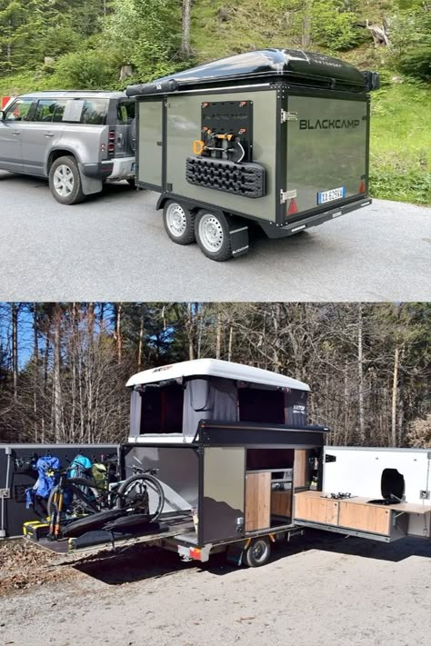 Blackcamp Freeda trailer expands into high-precision Alpine base camp Truck Camper Shell Camping, Trailer Camping Ideas, Camp Trailer, 5x8 Trailer Camper, Trailer Camping, Trailer Camper, Small Cargo Trailers, Off Road Tent Trailer, A Frame Trailer