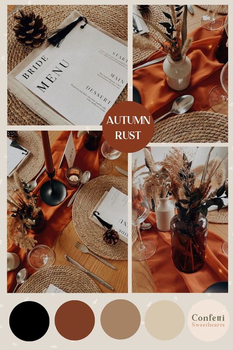 Autumn rust wedding inspiration with black decor, monochrome stationery and dried florals. If you love warm and cosy vibes head to the website for more ideas. #rustwedding #autumnweddingideas Rust Color Schemes Wedding, Moody Terracotta Wedding, Black Ivory And Rust Wedding, Wedding Colours With Black, Copper And Black Wedding Decor, Taupe And Rust Wedding, Black Gold Rust Wedding, Burnt Orange Black And Cream Wedding, Terracotta And Black Color Palette