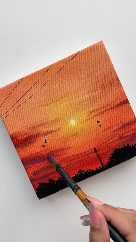 Aesthetic Painting Sunset, Canvas Paintings Idea, Golden Hour Painting Easy, Mini Square Canvas Paintings Easy, Acrylic Painting Canvas Sunset, Easy Painting Ideas On Canvas Aesthetic Sunset, Mini Canvas Sunset Paintings, How To Paint The Sun, Easy Paintings Sunset