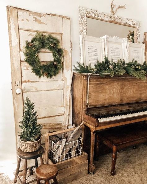 Stunning winter/Christmas decor with antique door and gorgeous piano! Decorating A Piano For Christmas, Christmas Decor On Piano, Piano Christmas Decorations, Piano Christmas Decor, Christmas Piano Decor, Piano Christmas, Office Goals, Old Piano, Piano Decor