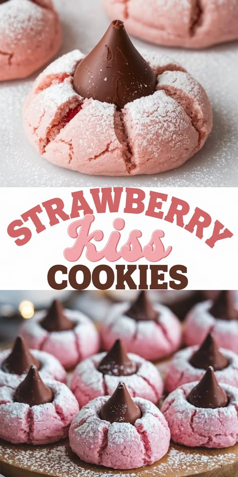 Strawberry Kiss Cookies Recipe - Emma's Cake Studio Popular Baking Recipes, Brownie Hearts Valentines Day, Recipe Ideas Dessert Easy, Valentine's Day Sugar Cookies Recipe, Valentines Day Treat Recipes, Valentine Dessert Bar Ideas, Easy Pretty Cookies, Valentines Board Food, Christmas Cookie Flavor Ideas