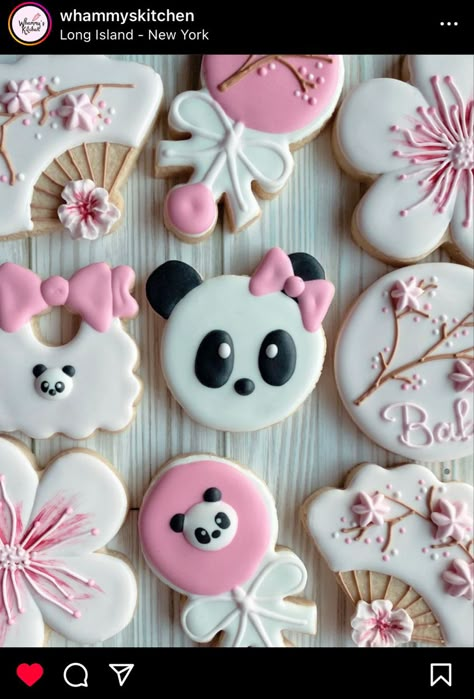 Cherry Blossom Baby Shower Ideas, Panda Baby Shower Ideas, Panda Baby Shower Theme, Baby Shower Decorated Cookies, Gender Reveal Baby Shower Ideas, Panda Baby Showers, Panda Cookies, Ash Baby, Cherry Blossom Theme