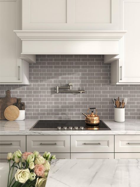 Look what I found at Floor & Decor! Grey Backsplash Kitchen, Glossy Ceramic Tile, Grey Backsplash, Fireplace Set, Home Financing, Grey Cabinets, Kitchen Inspiration Design, Room Style, Shower Floor