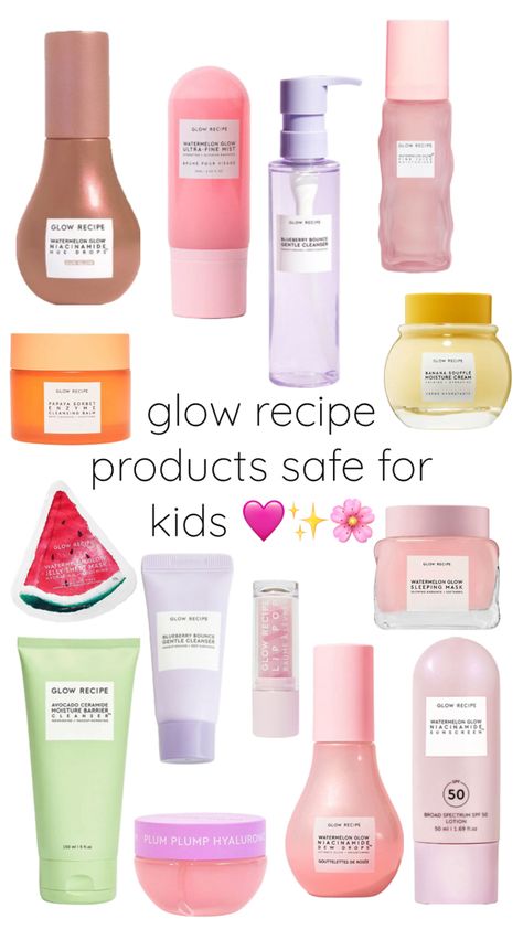 i know lots of kids or tweens love glow recipe so here are the ones safe for young skin #preppy #glowrecipe #skincare #selfcard Glowrecipe Skincare, Skin Care Things To Buy, Glowing Skin Products, Skin Care For 12 Year Girl, Glow Recipe Products, Skin Care Routine For Kids, Glow Recipe For Kids, Skincare Safe For Kids, Makeup For Kids