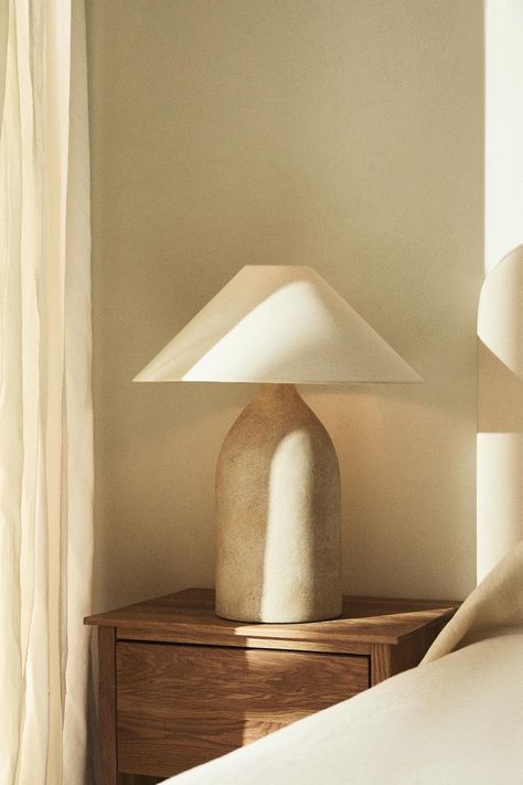 LARGE CERAMIC TABLE LAMP - Ecru | ZARA United States Japandi Table, Hm Home, Pottery Lamp, Fabric Lampshade, Ceramic Table Lamp, Ceramic Base, Ceramic Lamp, Ceramic Table Lamps, Ceramic Table