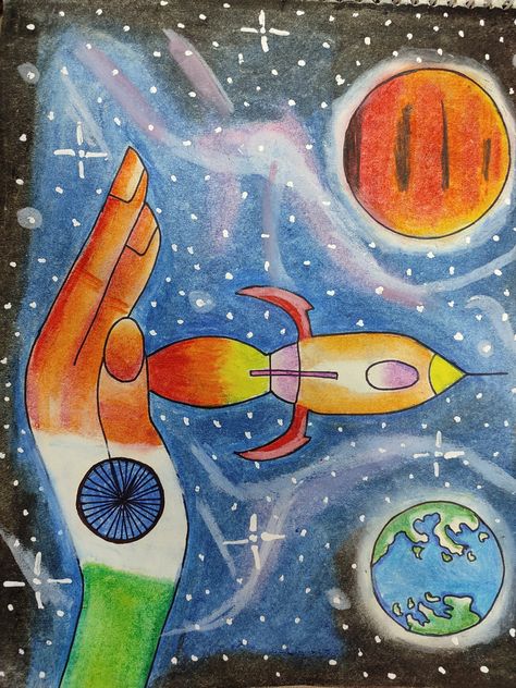 This drawing shows the beginning of the journey Indians have started to achieve something big and make our country touch new heights. For me, it was a feeling to draw something extraordinary. India In Space Drawing, Science And Technology Poster Making, Imagination Drawing, Art Competition Ideas, Avengers Coloring Pages, Space Drawing, Avengers Coloring, Book Art Projects, Technology Posters