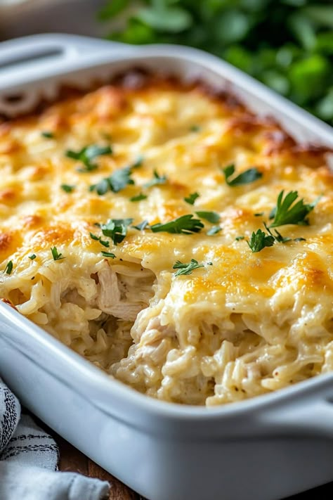 Creamy, cheesy, and loaded with comforting flavors, Angel Chicken and Rice Casserole is the ultimate cozy meal for chilly nights at home. Easy Quick Chicken Casserole Recipes, Stuffing And Rice Casserole, Quick Wednesday Night Dinner, Bye Dinner Ideas, Best Casseroles Dinners, Family Night Meals, Company Chicken Casserole Recipe, Alfredo Rice Recipes, Creamy Cheesy Chicken And Rice