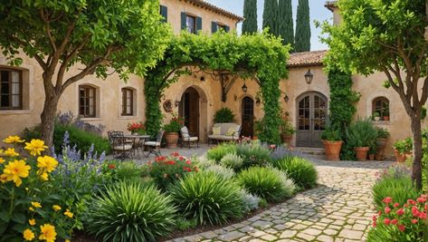 Stunning Mediterranean Garden Ideas for Your Outdoor Space Mediterranean Style Landscaping, Tuscan Landscaping Ideas, Mediterranean Garden Plants, Mediterranean Garden Design Tuscan Style, Mediterranean Courtyard Garden, Mediterranean Landscaping Front Yard, Mediterranean Backyard Ideas, Mediterranean Front Yard, Italian Landscaping