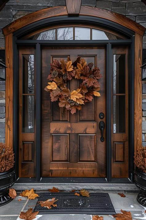 Elvish Home Aesthetic, Outdoor Fall Decor Front Door, Cozy Elegant Home Decor, Oak Exterior Door, Vintage Porch Ideas, Lodge Front Porch, Autumn Home Aesthetic, Outside Front Door Entryway Ideas, Front Door Ideas Entrance