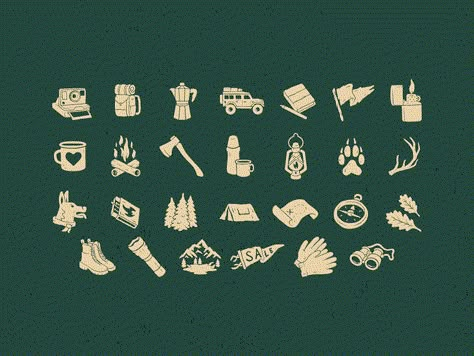 Icons Style Design, Icon Styles Design, Camping Branding, Illustrated Icons, Game Icon Design, Map Icon, Woodcut Printing, Camping Icons, Adventure Branding