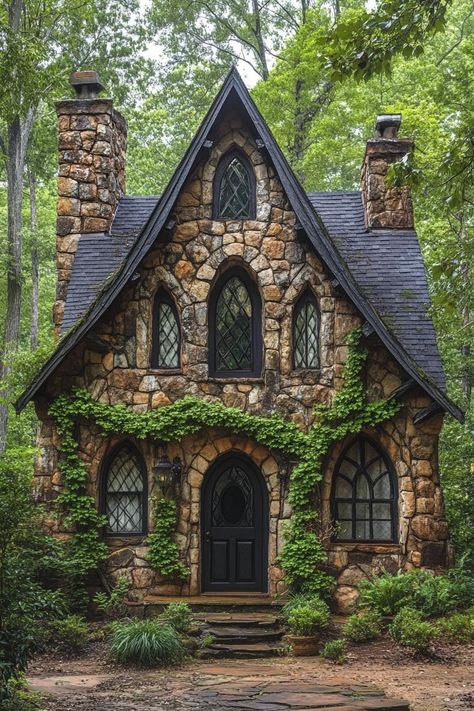 Charming stone cottage with pointed roof surrounded by greenery. Enter a world where whimsical charm meets shadowy intrigue, as this article unveils the enchantingly moody essence of dark cottagecore houses. Witchy Country House, Gothic One Story House, Cottage In The Woods Exterior, Cottage Style Greenhouse, Cottage House Blueprints, Medieval Row House, Witchy Architecture, Fairy Core House Interior, Modern Cottage Style Homes