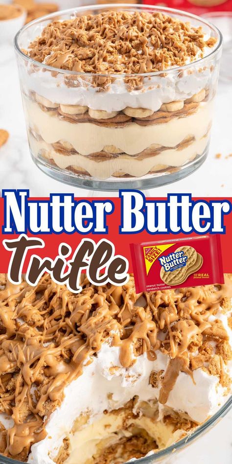 Nutter Butter Trifle Easy Trifle Desserts No Bake, Dessert Recipes Trifle, Refrigerator Desserts Easy, Dessert Recipes With Peanut Butter, Peanut Butter Parfait Dessert, Peanut Butter Trifle Desserts, Banana Lush Dessert, Nutter Butter Wafer Recipes, Truffle Layer Dessert