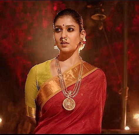 Mookuthi Amman Nayanthara Sarees, Light Green Silk Saree, Mookuthi Amman, Temple Jewellery Designs, Nayanthara In Saree, Indian Temple Jewellery, Green Silk Saree, Nayanthara Hairstyle, South Indian Temple