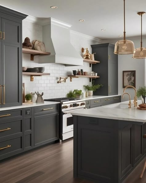 Black Kitchen Cabinet Color Ideas, Dark Kitchen Cabinets Paint Colors, Iron Ore Laundry Room Cabinets, Different Cabinet Styles Kitchen, Iron Ore Kitchen Cabinet, Dark Kitchen Island Colors, Grey Black Kitchen Cabinets, Charcoal And Cream Kitchen, Kitchen Charcoal Cabinets