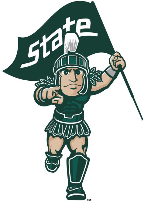 Michigan State Spartans Logo Mascot Logo (2016-Pres) - Sparty Flag mascot logo. SportsLogos.Net University Logo Design, Michigan State Logo, University Of Michigan Logo, Michigan State Spartans Logo, Michigan Logo, Michigan State Football, Helmet Logo, Logo Symbol, Word Mark Logo