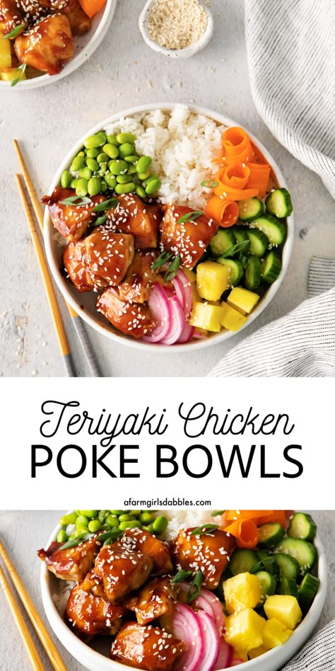 These Teriyaki Chicken Poke Bowls feature sushi rice, teriyaki chicken, pineapple, and your choice of fresh toppings for an easy, healthy lunch or dinner that's loaded with fresh flavor. The ability to customize the toppings makes these a hit with the whole family! Alfredo Casserole, Teriyaki Chicken And Rice, Poke Bowl Recipe, Healthy Bowls Recipes, Poke Bowls, Resep Salad, Rice Bowls Recipes, Healthy Bowls, Healthy Dinner Recipes Chicken