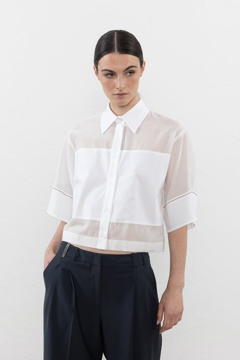 Cotton poplin and silk organza shirt Organza Shirts For Women, Organza Outfit, Organza Tops, Organza Shirt, Embellished Shirt, Wrap Shirt, Jackets Women, Silk Organza, Bomber Jackets