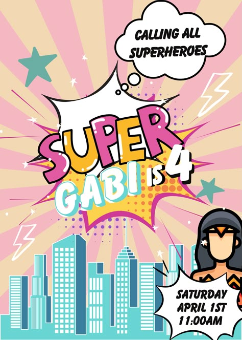 Superhero girl birthday party invitation Super Hero Birthday Party Ideas For Girl, Superhero Girl Birthday Party, Superhero Invite, Supergirl Party, Superhero Girls Birthday, Girl Superhero Party, Superhero Girl, Superhero Birthday Invitations, Superhero Invitations