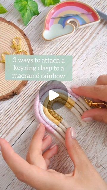 Ashfield Macramé | Vicky 👋 on Instagram: "This is key! If your rainbow is not properly attached to the keyring clasp, bye bye rainbow 🌈👋🙈   My favourite way is number 2 but it can't always be done as it depends on the thickness of the cord you're using 💞   Hope you enjoyed the tutorial!   Remember my online course is now 30% off until the end of April, don't miss out! You'll learn how to make a macramé rainbow wall hanging like a pro 👌🏾👌🏼  For more info, check out the link in my bio 🔗  Vicky xx  P.S. This is a repost as both my kids are sick and I had no energy to edit a new video 🙈  #macrame #macramerainbow #macrametips #makeathome #makeyourown #smallirishbusiness #smallbizowner #crafty #craftqueen #process #behindthescenes #makingof #howto #tutorial #stepbystep #workinprogress Macrame Rainbow Diy Keychain, Macrame Rainbow Keychain Tutorial, Macrame Rainbow Keychain, Macrame Keyring, Macrame Rainbow, Rainbow Macrame Wall Hangings, Rainbow Diy, Rainbow Keychain, Rainbow Macrame