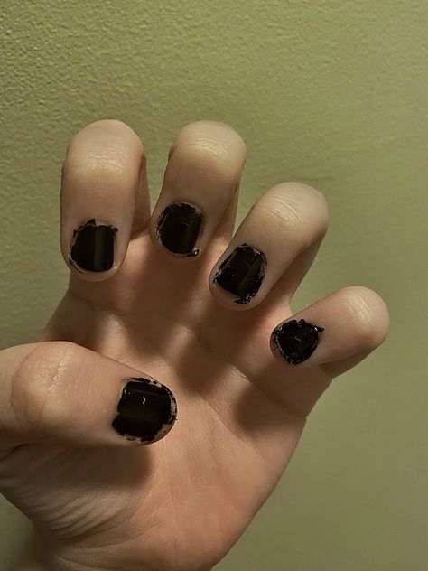 Short Grunge Nails Aesthetic, Baseball Bat With Nails Aesthetic, Chipped Nail Polish Aesthetic Grunge, Bitten Nails Aesthetic, Messy Nail Polish Aesthetic, Men With Black Nails, Messy Nails Aesthetic, Chipped Black Nails Aesthetic, Messy Nail Polish