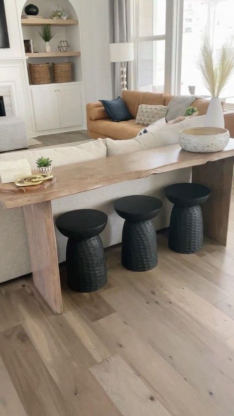 Console Table Stools Under, Console Table Stools, Console Table With Stools Underneath, Living Room With Console Table, Ottoman Under Console Table, Ikea Console Table Hack, Snack Bar Design, Bar Behind Couch, Console Table With Stools