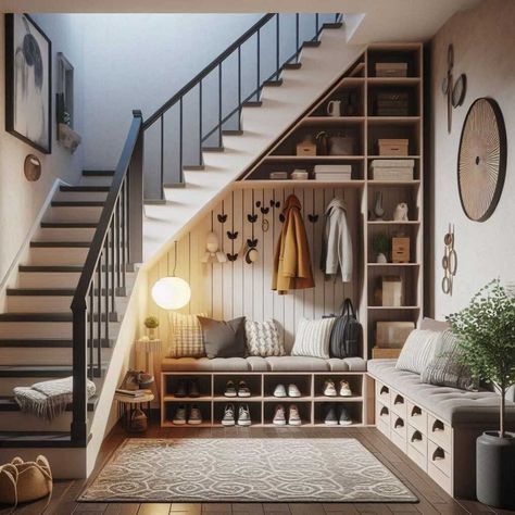 27 Ingenious Under Stairs Storage Ideas » HomeDecorFull Upstairs Small Loft Ideas, Under Stairs Cupboard Ideas, Mudroom Under Stairs, Newhome Ideas, Cabin Staircase, Under The Stairs Ideas, Under Staircase Ideas, Living Room Under Stairs, Understairs Ideas